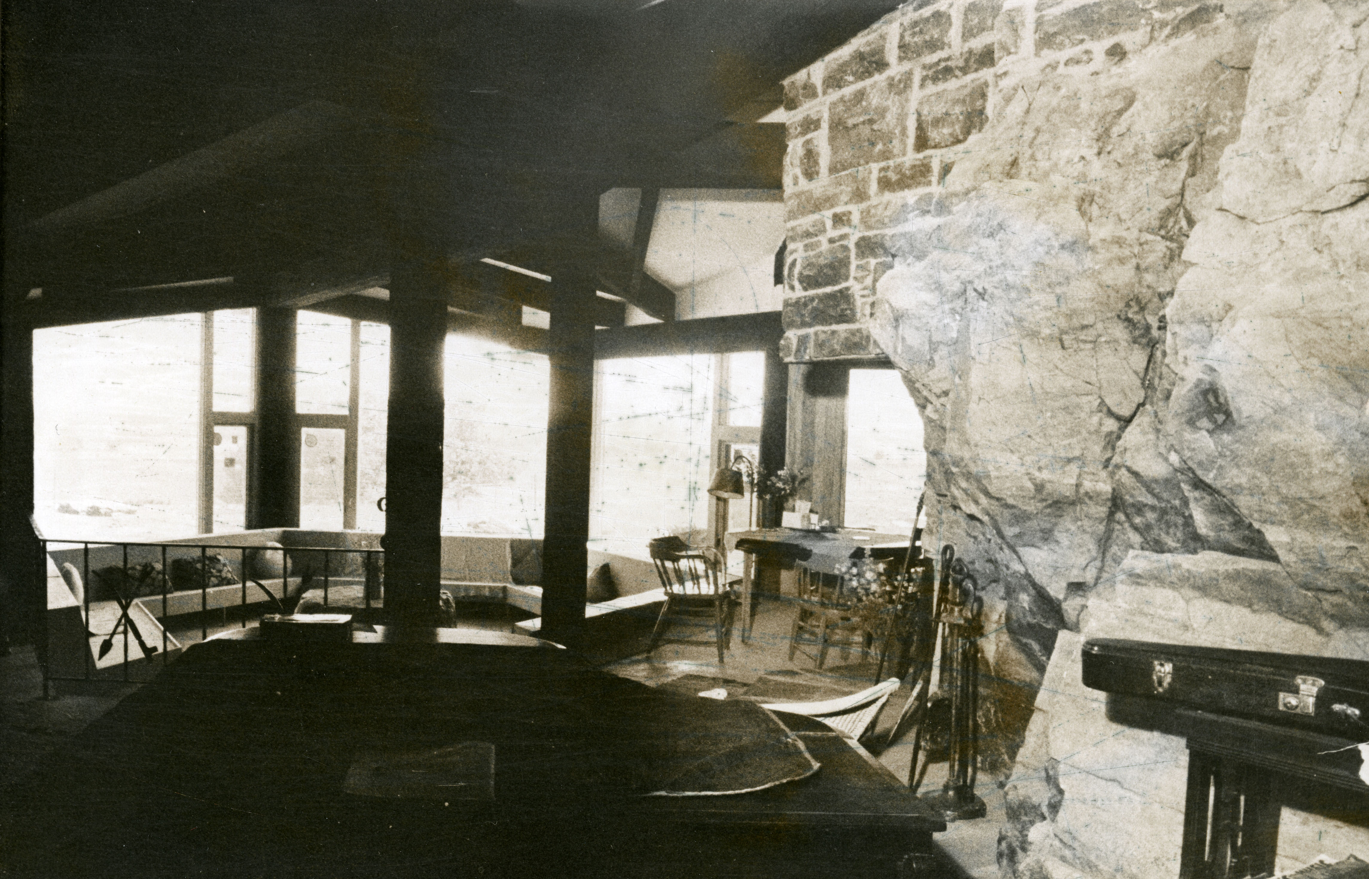 An inside view of the house, which combined stones quarried nearby and the exposed rocks against which the house was built.